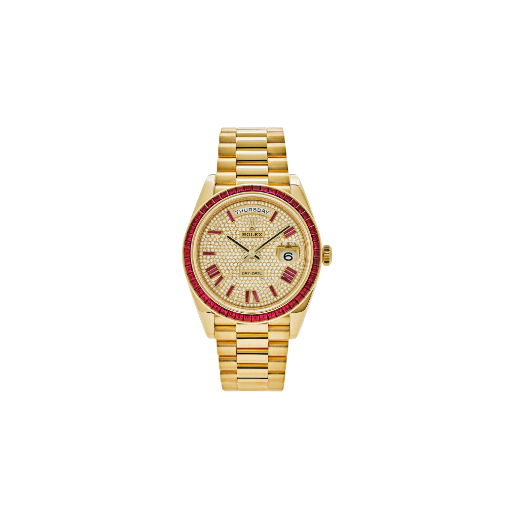 Rolex Day-Date 40 228398TRU Yellow Gold Roman Dial Ruby Bezel