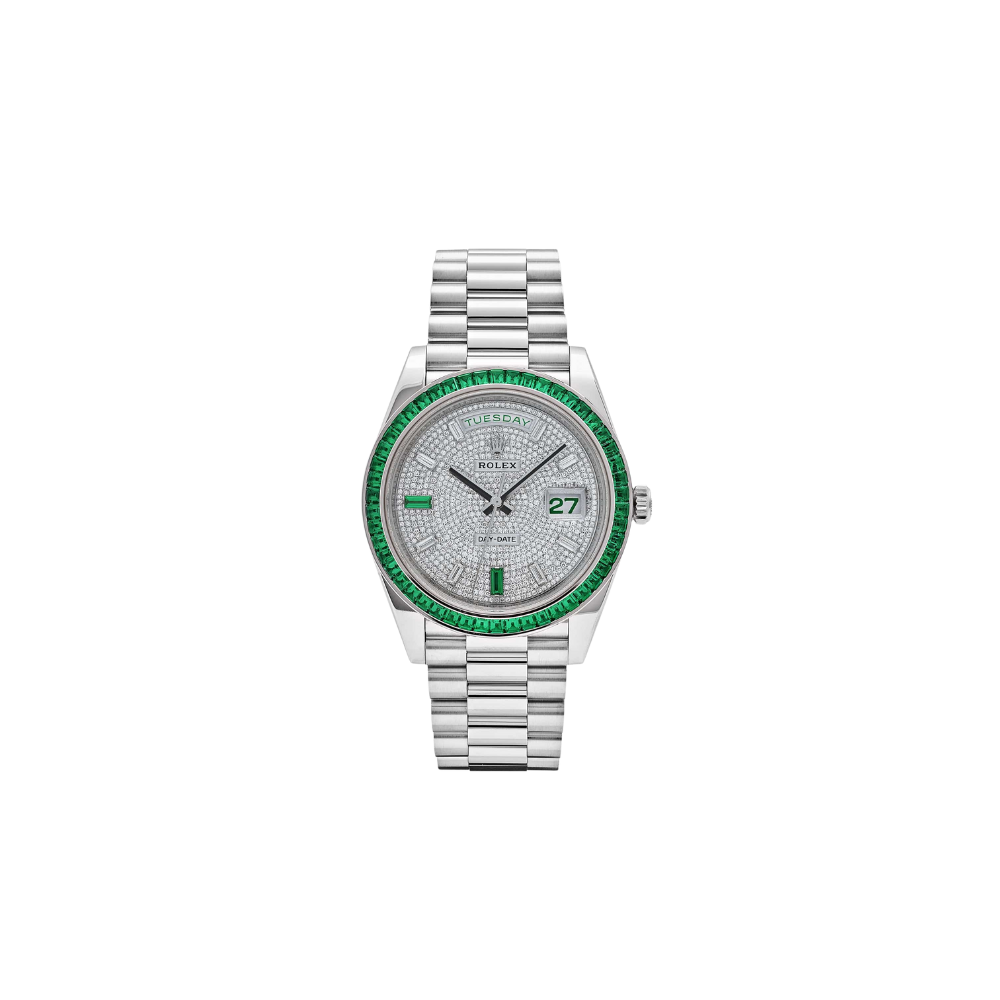 Rolex Day-Date 40 228396TEM Platinum Diamond Dial Emerald Bezel